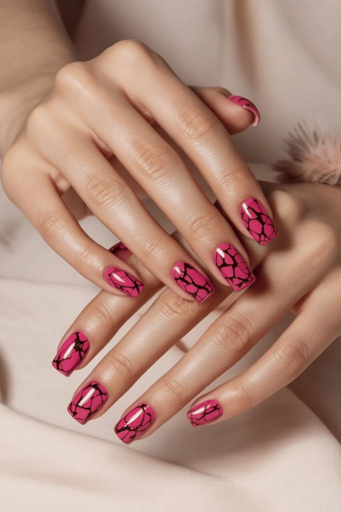 Hot Pink Crackle Art Nails