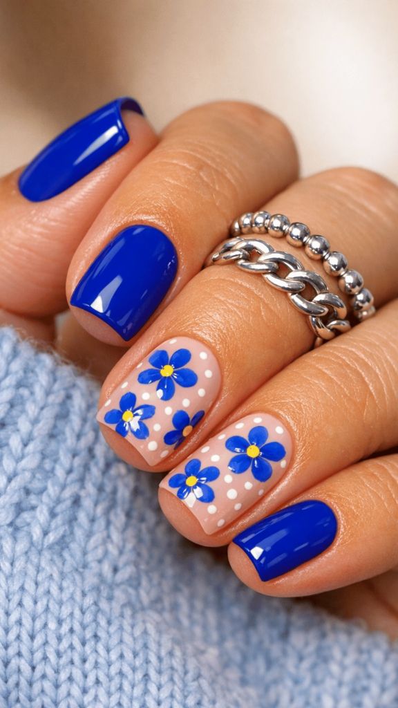 Cobalt blue nails with two accent nails featuring blue daisies on a nude polka dot base