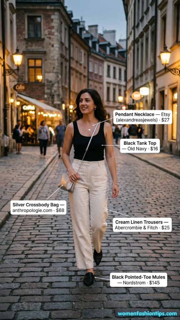 Black Tank Top with Cream Linen Trousers