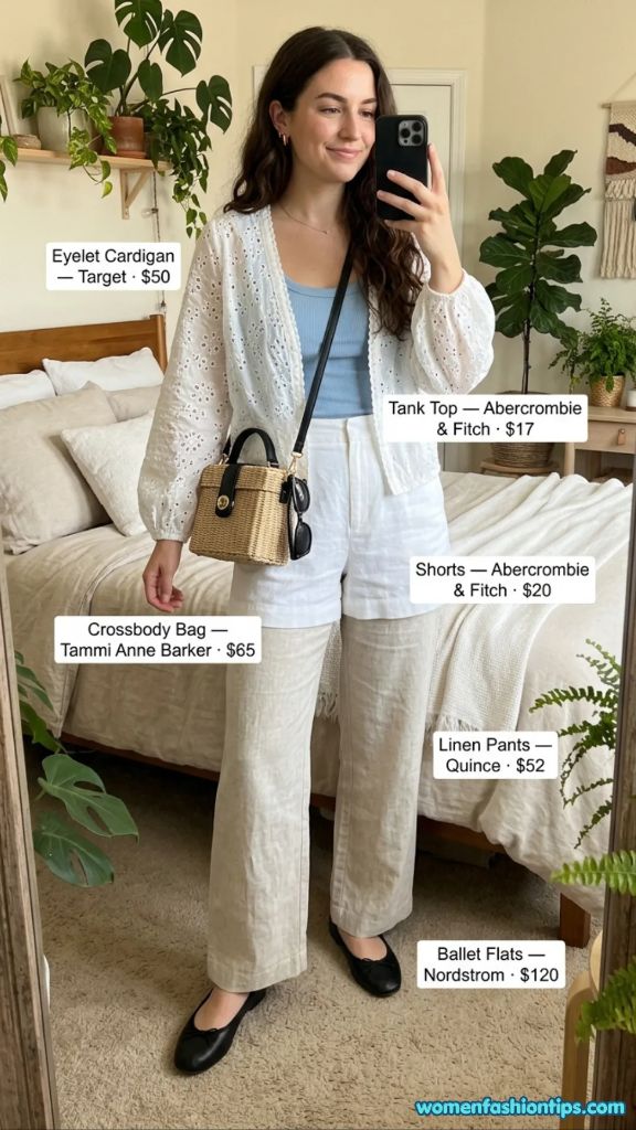 White Eyelet Cardigan with Linen Pants