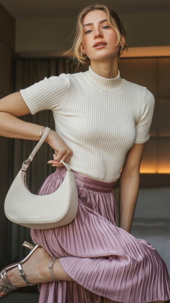 Cream ribbed mock-neck short-sleeve fitted top with dusty rose pleated satin midi skirt, silver strappy heeled sandals, and cream crescent-shaped mini bag