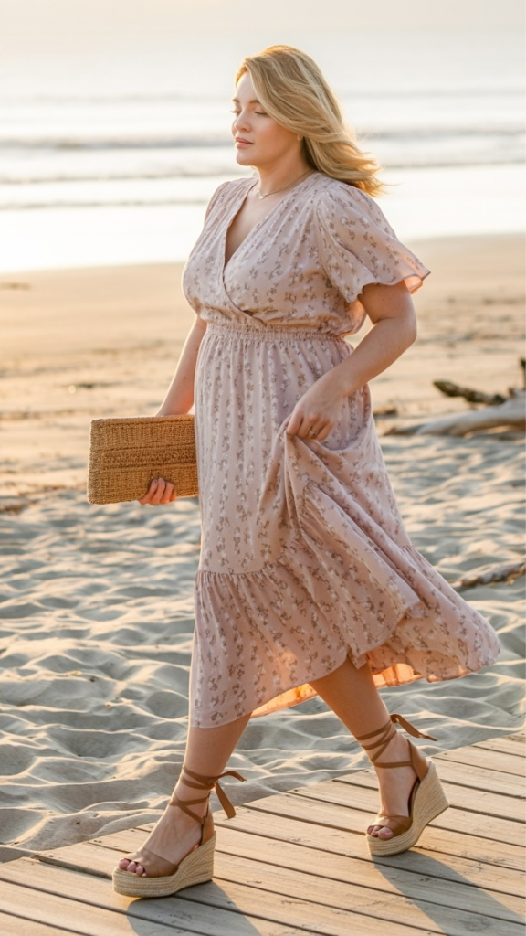 Blush pink floral flutter-sleeve midi dress with woven clutch and lace-up espadrille wedges
