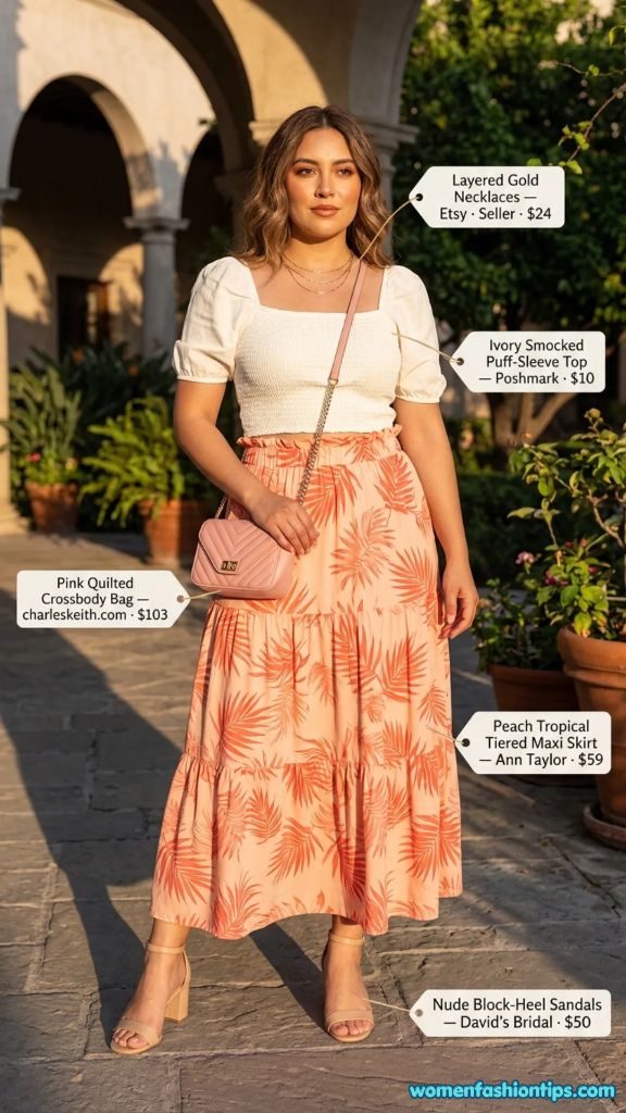 Peach Tropical Tiered Maxi Skirt Outfit