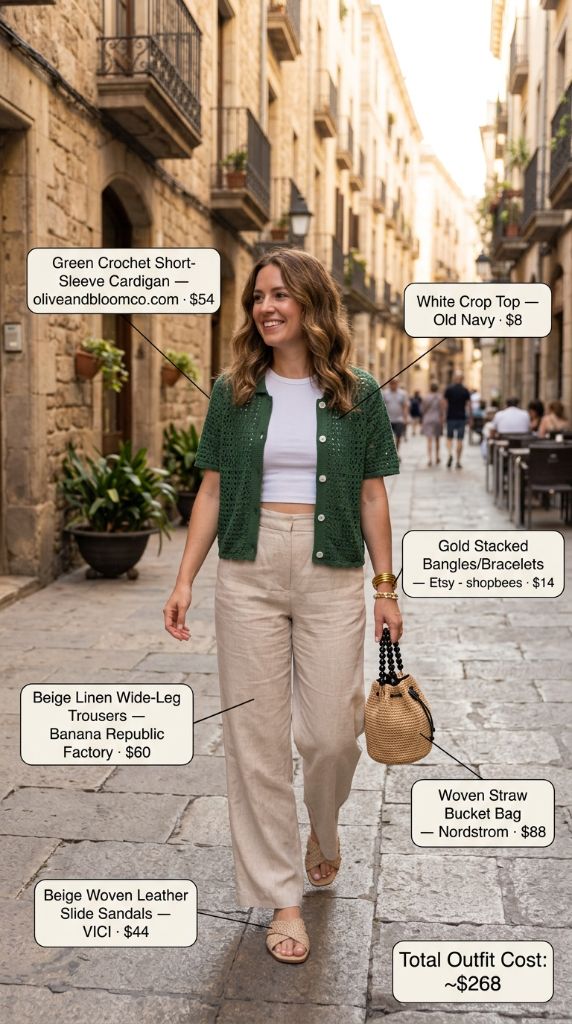 Green Crochet Short-Sleeve Cardigan with Beige Linen Trousers