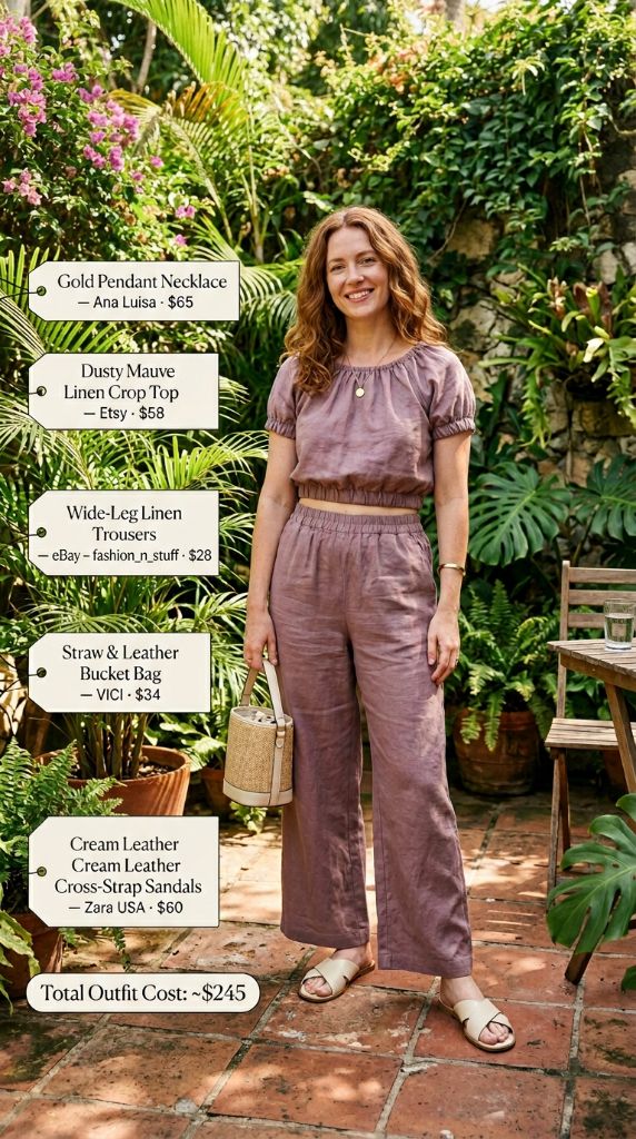 Dusty Mauve Linen Crop Top and Trousers