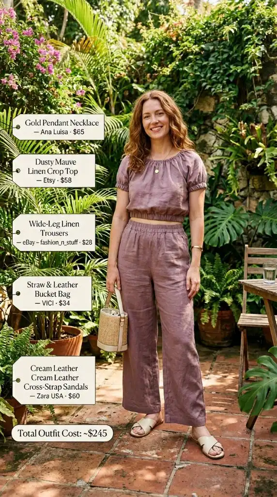 Dusty Mauve Linen Crop Top and Trousers