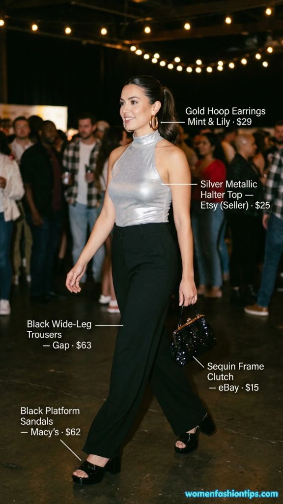 Silver Metallic Halter Top with Black Wide-Leg Trousers