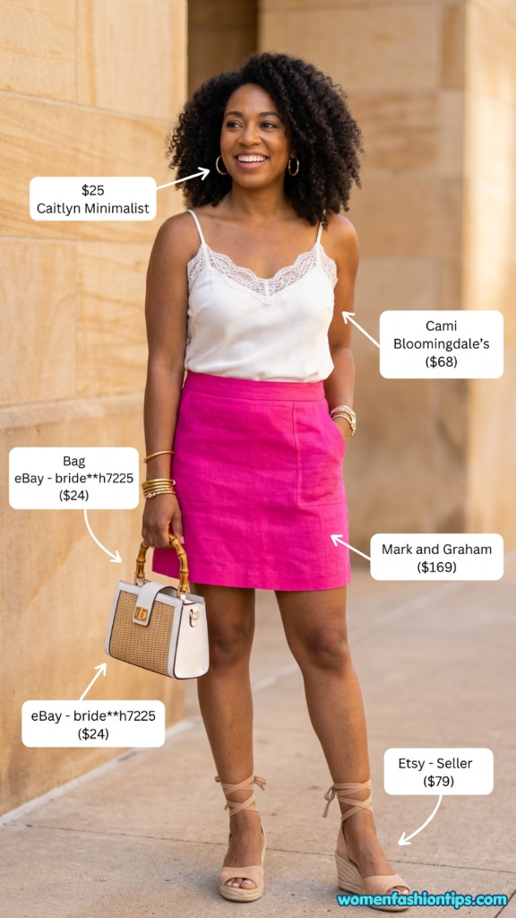 White lace cami with hot pink linen mini skirt, structured bamboo bag, and lace-up wedges