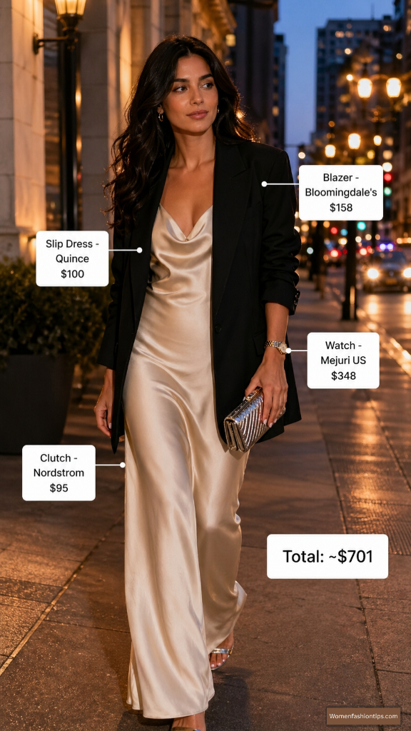 Champagne Slip Dress And Black Blazer