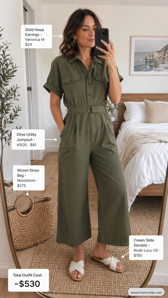 Olive Utility Jumpsuit with Woven Straw Bag