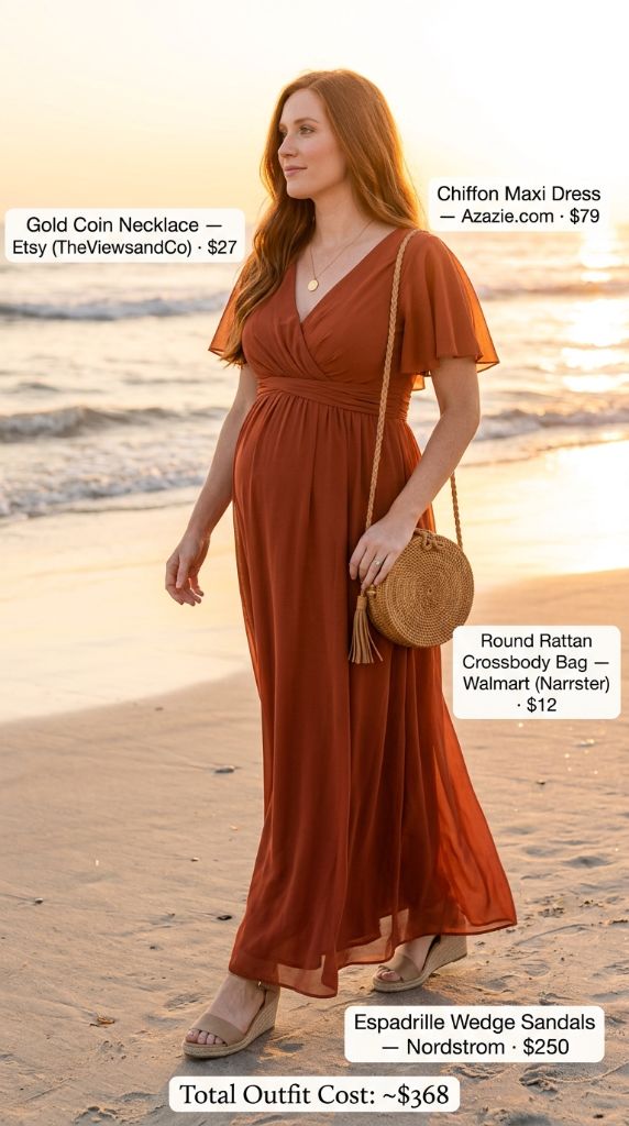 Rust Chiffon Maxi Dress on Beach