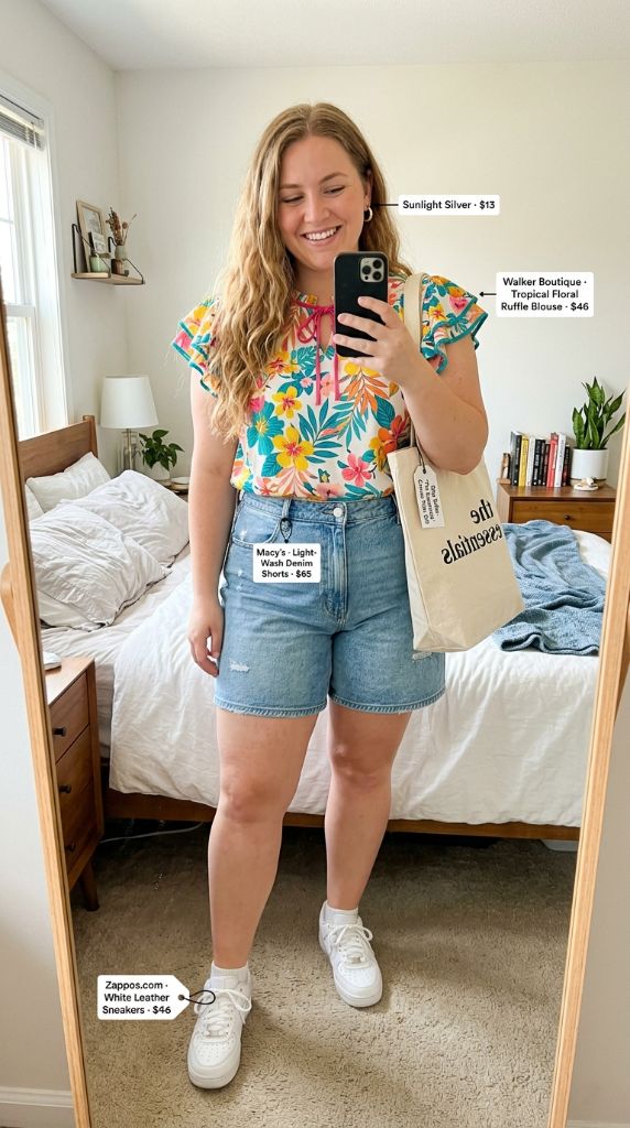 Curvy woman in tropical floral ruffle blouse with light-wash denim shorts and white sneakers