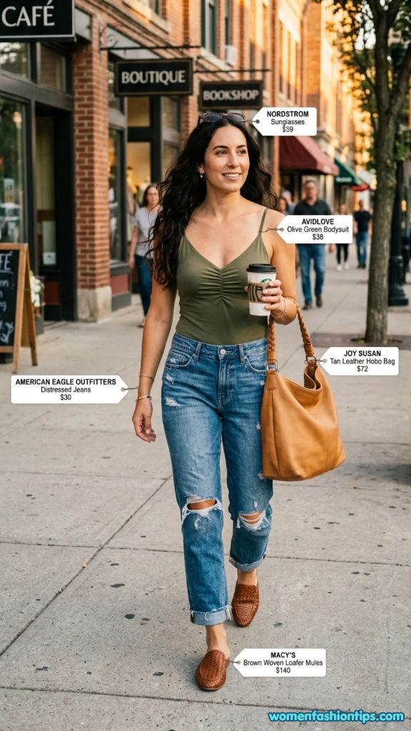 Olive Green Bodysuit with Distressed Jeans