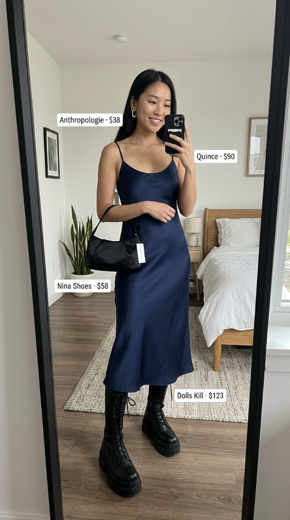 Navy Satin Slip Dress with Black Platform Boots