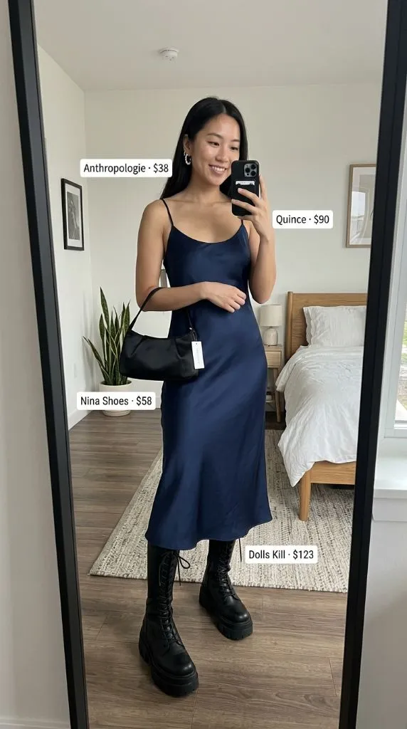 Navy Satin Slip Dress with Black Platform Boots