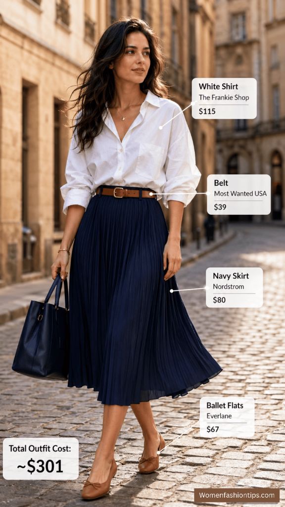 Pleated Navy Skirt with White Shirt