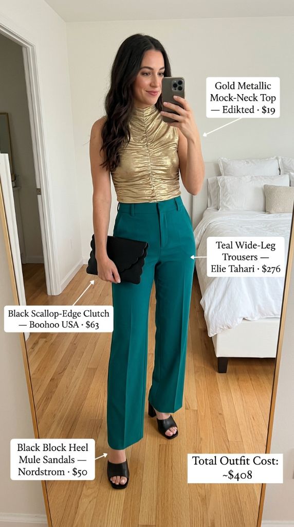 Gold Metallic Mock-Neck Top with Teal Wide-Leg Trousers