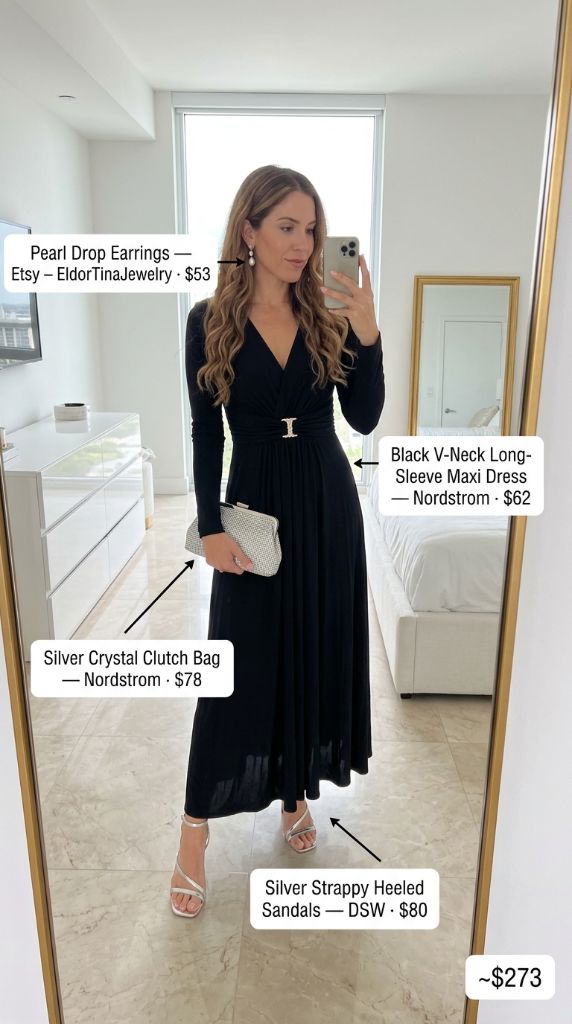 Black V-Neck Long-Sleeve Maxi Dress Outfit