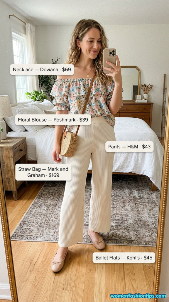 Floral off-shoulder blouse with cream wide-leg pants, straw bag, and ballet flats