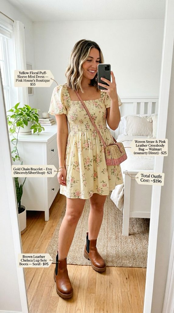 Yellow Floral Puff Sleeve Mini Dress with Brown Chelsea Boots