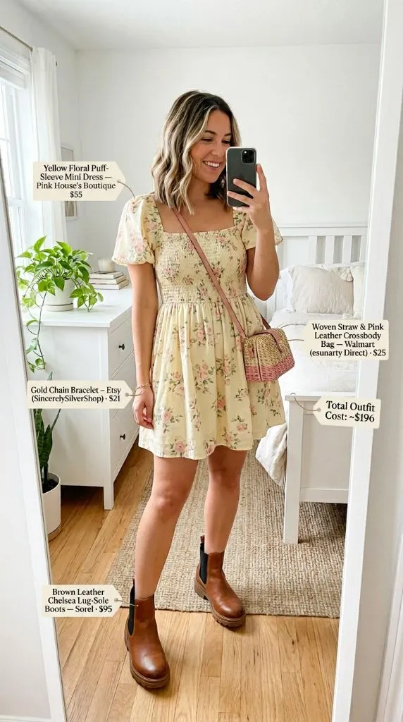 Yellow Floral Puff Sleeve Mini Dress with Brown Chelsea Boots