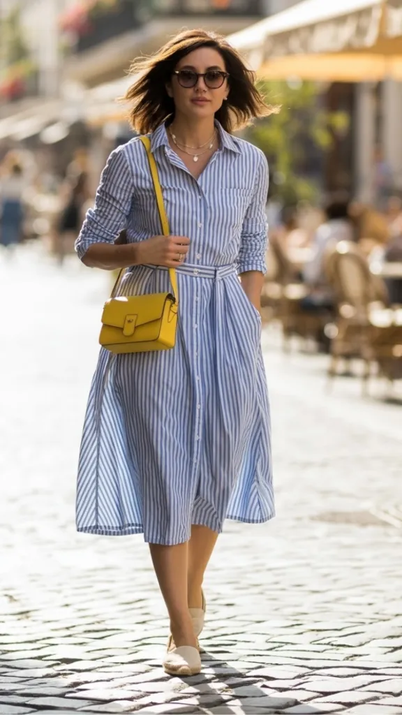 Blue and white striped button-front midi shirtdress with yellow crossbody and espadrilles