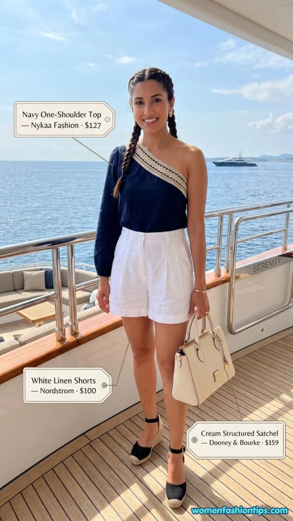 Navy One-Shoulder Top with White Linen Shorts