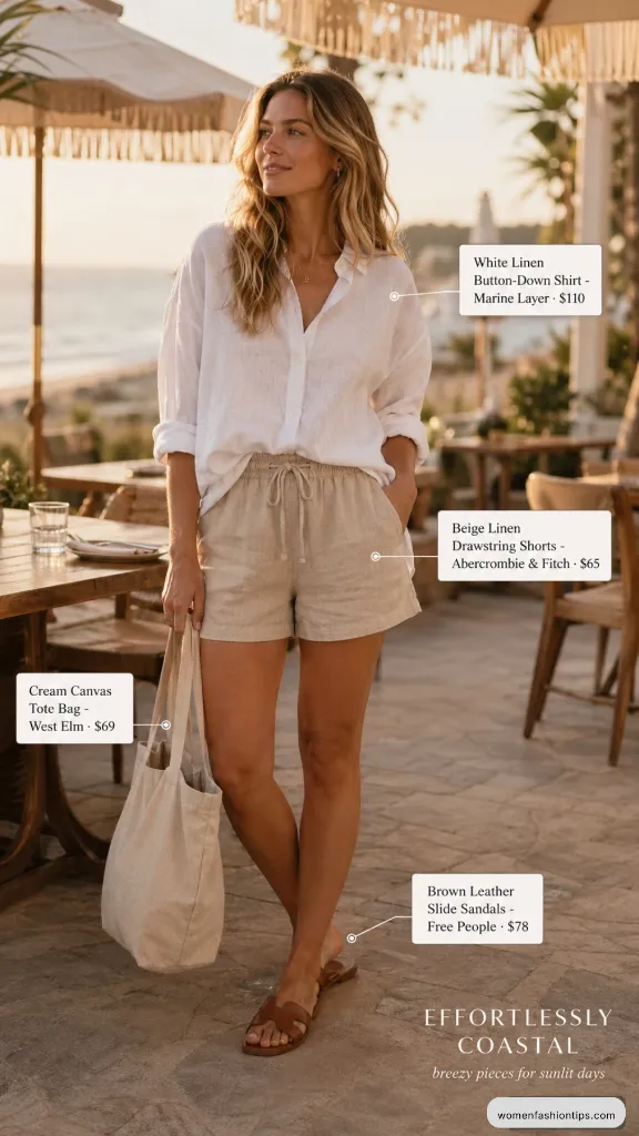 White Linen Button-Down Shirt and Beige Linen Drawstring Shorts