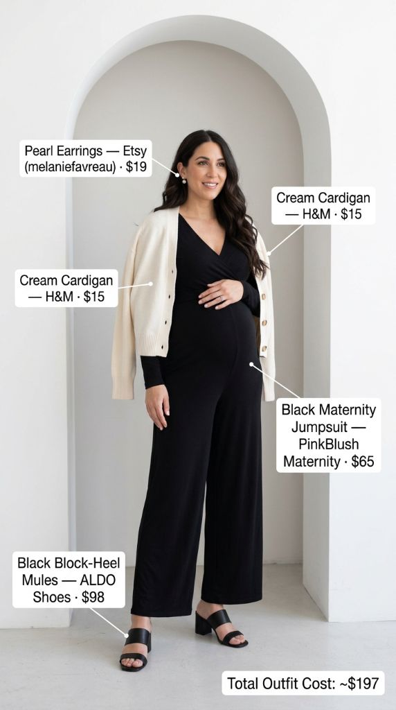 Maternity Black Jumpsuit with Cream Cardigan