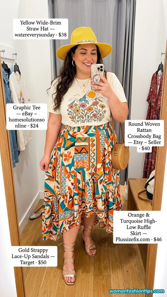 Graphic tee with orange and turquoise high-low ruffle skirt and yellow straw hat