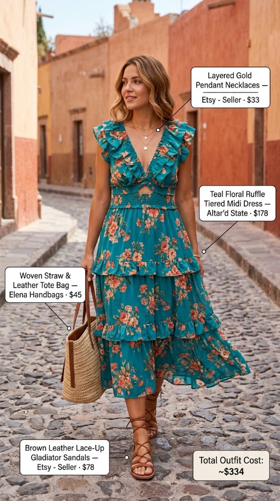 Teal Floral Ruffle Tiered Midi Dress