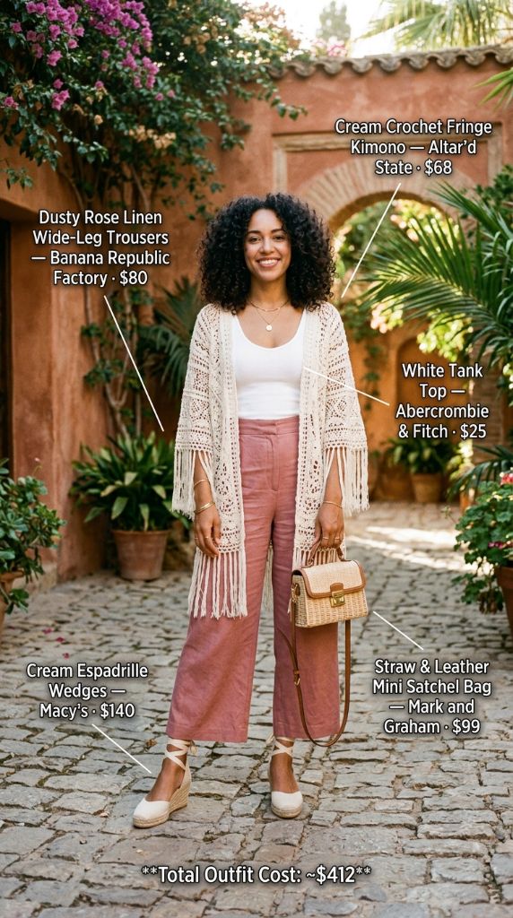 Dusty Rose Linen Wide-Leg Trousers with Cream Crochet Fringe Kimono