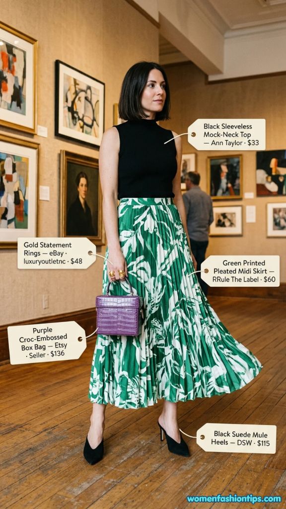 Green Printed Pleated Midi Skirt Outfit