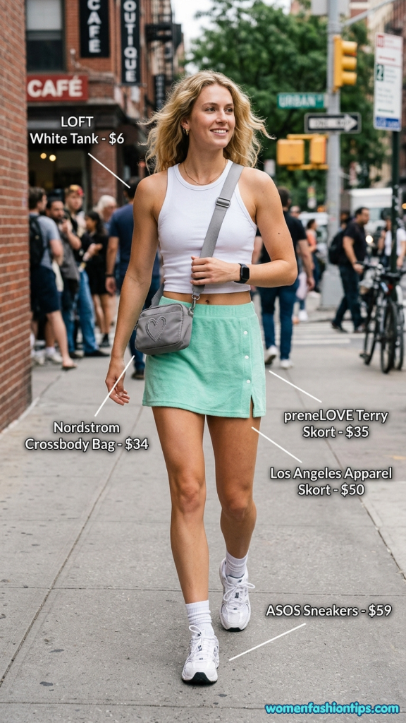 White cropped tank with mint green terry skort and white sneakers on New York City street