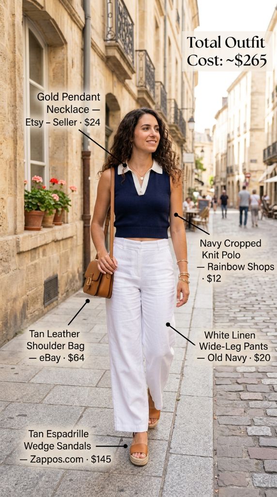 Navy Cropped Knit Polo With White Linen Pants