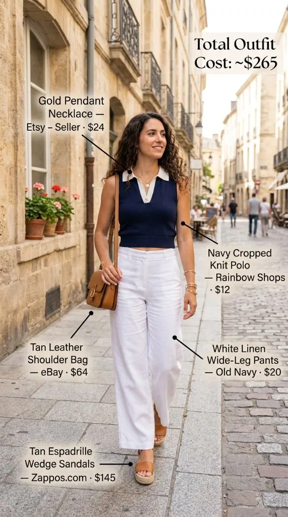 Navy Cropped Knit Polo With White Linen Pants
