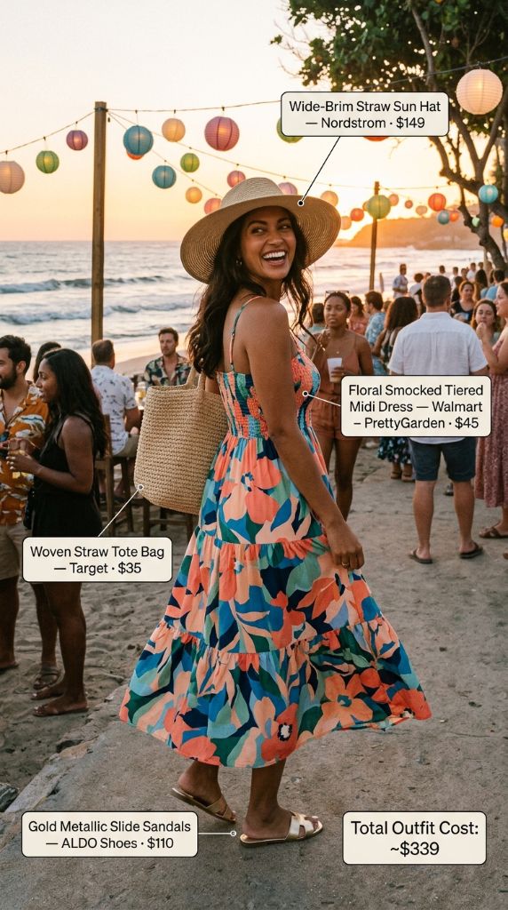 Floral Smocked Tiered Midi Dress at Beach Celebration