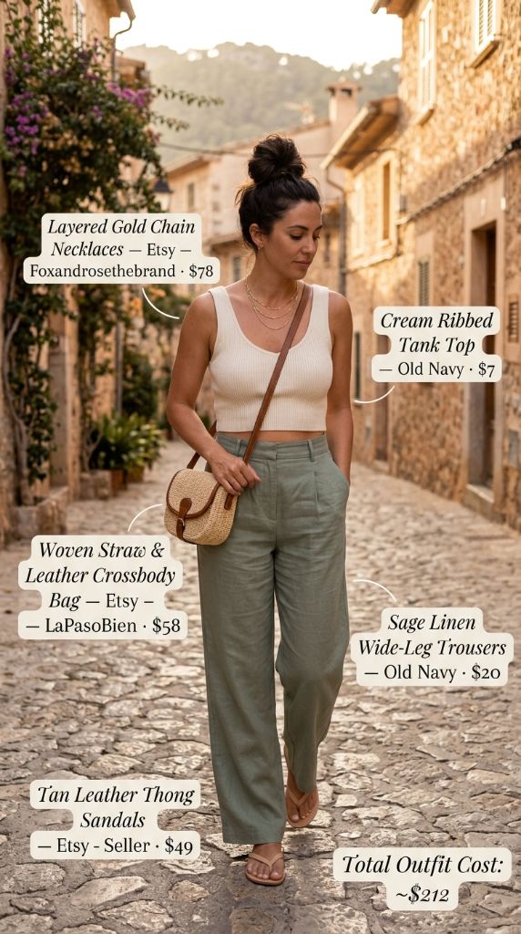 Cream Tank And Sage Wide-Leg Trousers