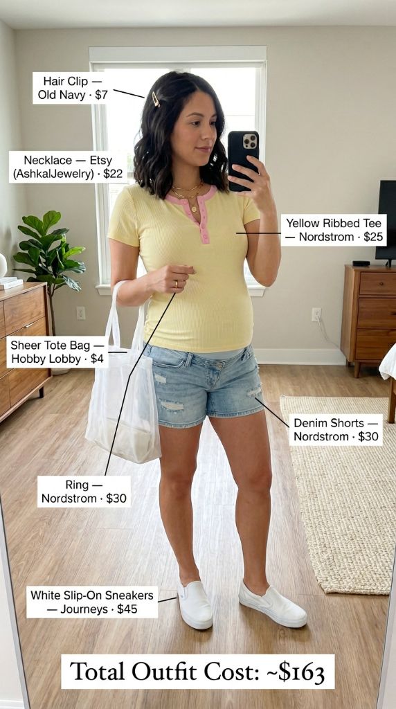 Yellow Ribbed Tee with Denim Shorts