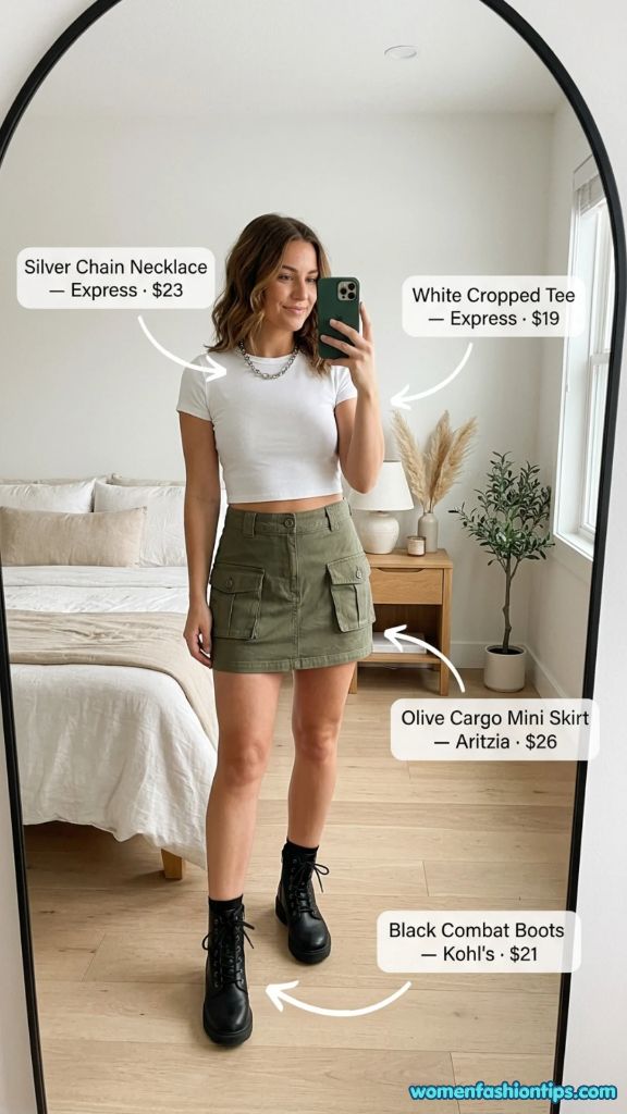 Olive Cargo Mini Skirt Outfit