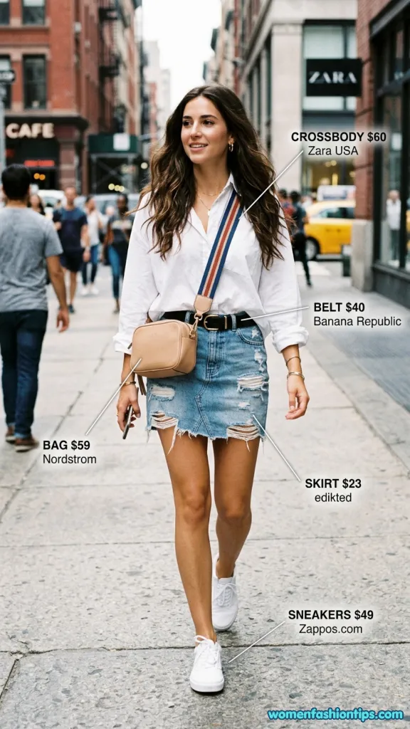 White button-down shirt with distressed denim mini skirt, crossbody bag, and white sneakers on city street