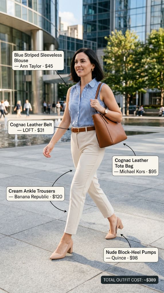 Blue Striped Sleeveless Blouse With Cream Trousers