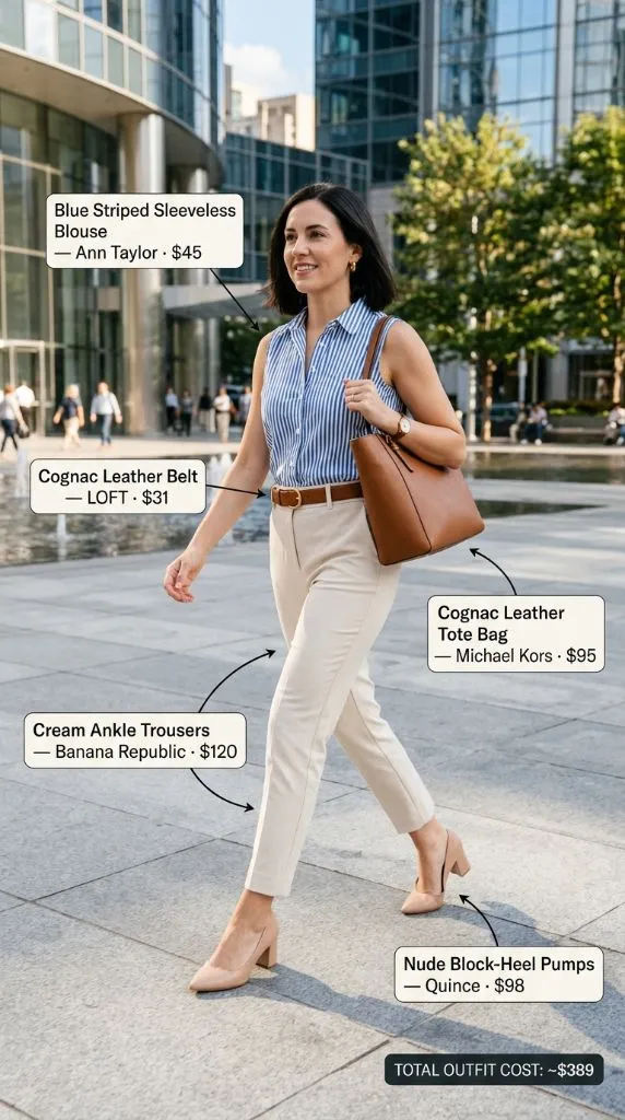 Blue Striped Sleeveless Blouse With Cream Trousers
