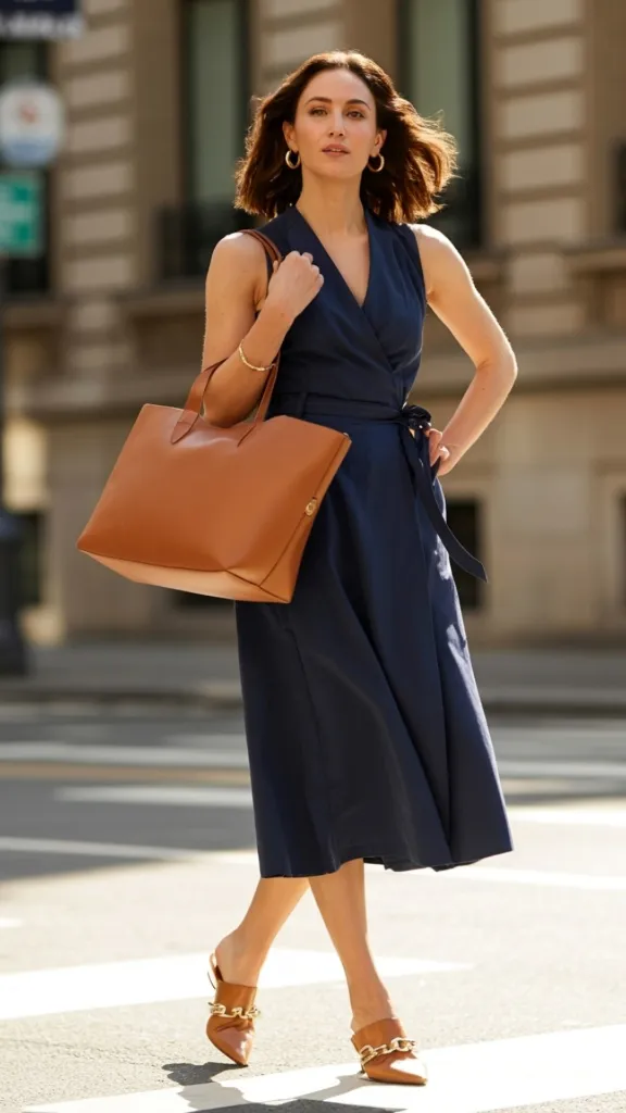 Navy blue sleeveless wrap midi dress with tan leather tote and mules