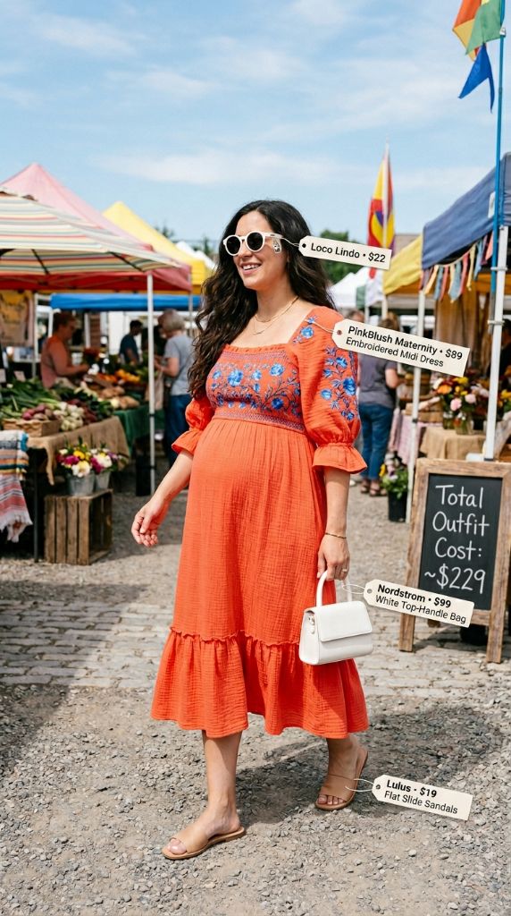 Orange Embroidered Maternity Midi Dress