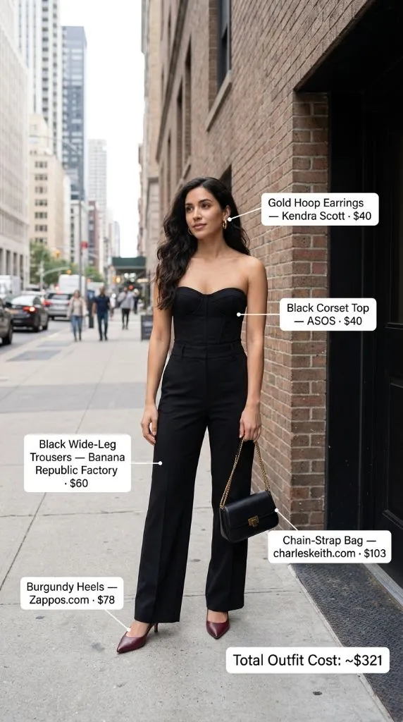 Black Corset Top with Wide-Leg Trousers