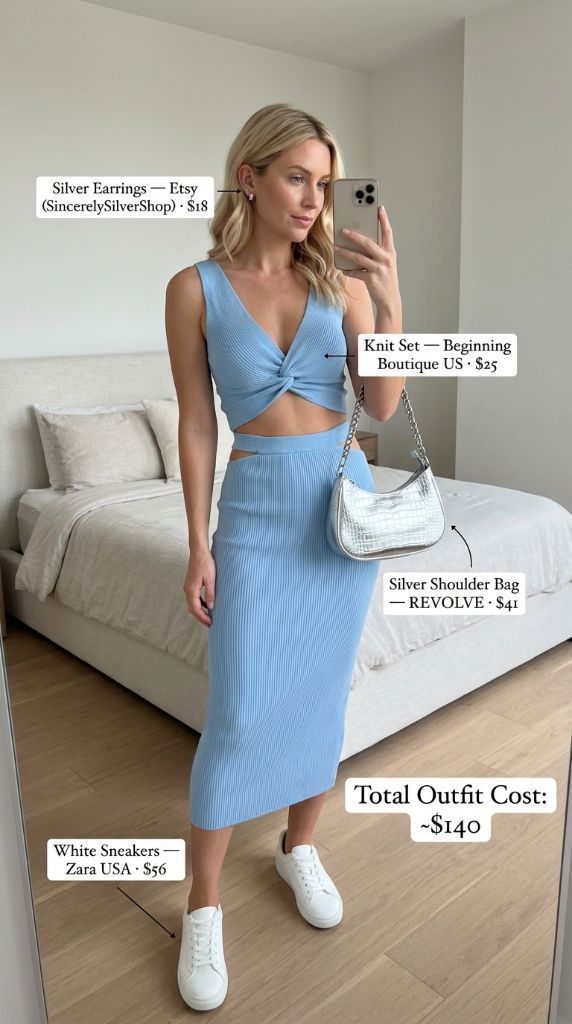 Blue Knit Cutout Set with Silver Accents