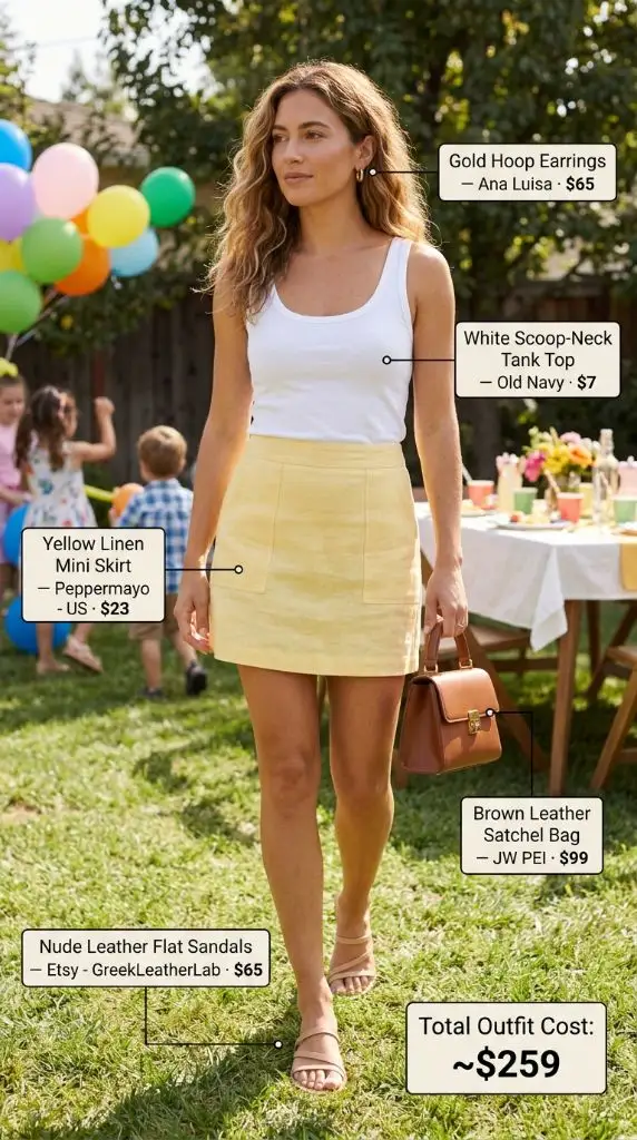 White Tank Top with Yellow Linen Mini Skirt at Backyard Party
