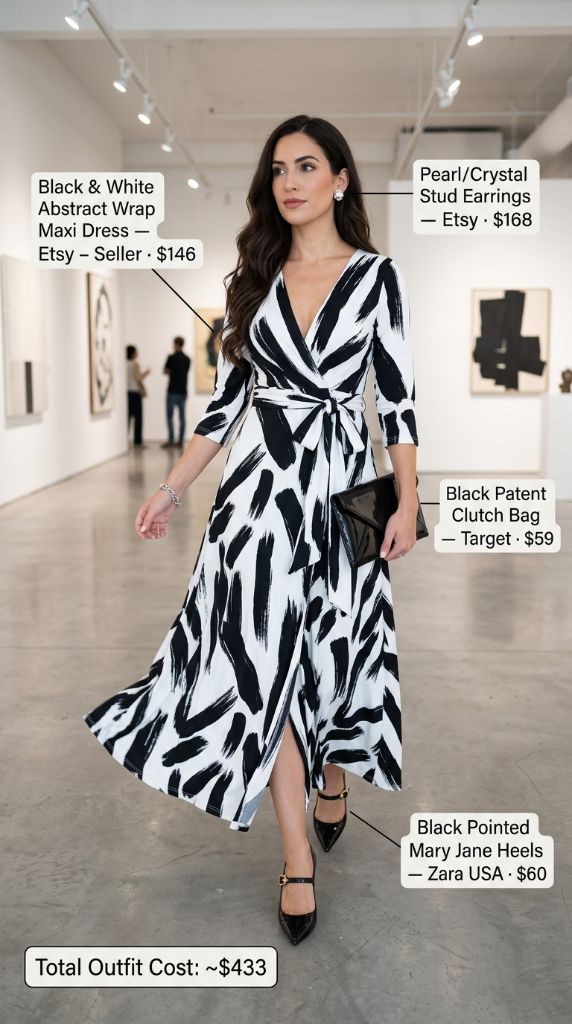 Black & White Abstract Wrap Maxi Dress Outfit