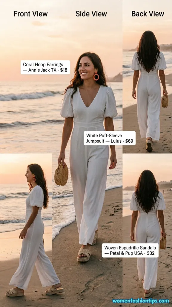 Puff-Sleeve White Jumpsuit On The Beach